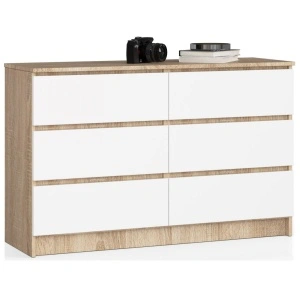 Comoda cu 6 sertare, PAL laminat, 120x40x77 cm, stejar sonoma si alb mat
