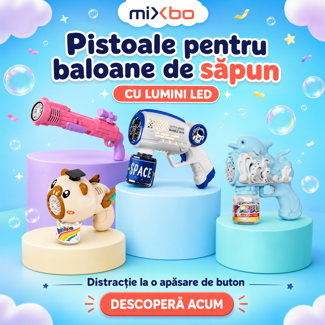Pistoale pentru baloane de săpun Mixbo cu lumini LED, modele colorate pentru copii și joacă de vară