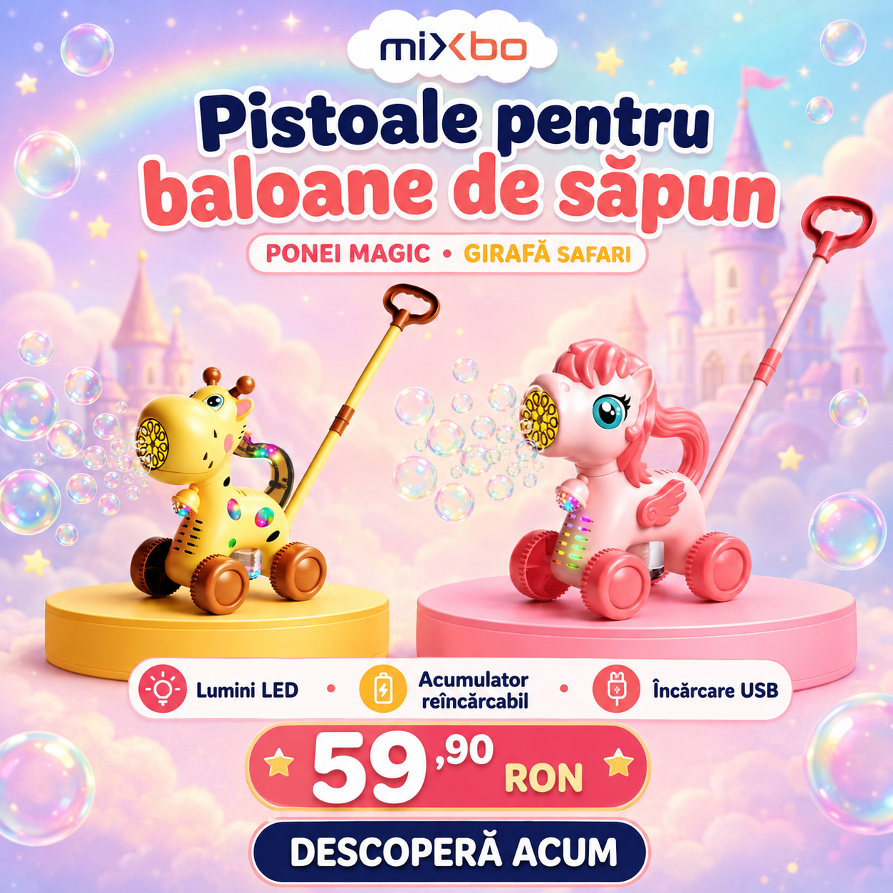 Pistoale pentru baloane de săpun Mixbo, Ponei Magic și Girafă Safari cu lumini LED, acumulator reîncărcabil și încărcare USB
