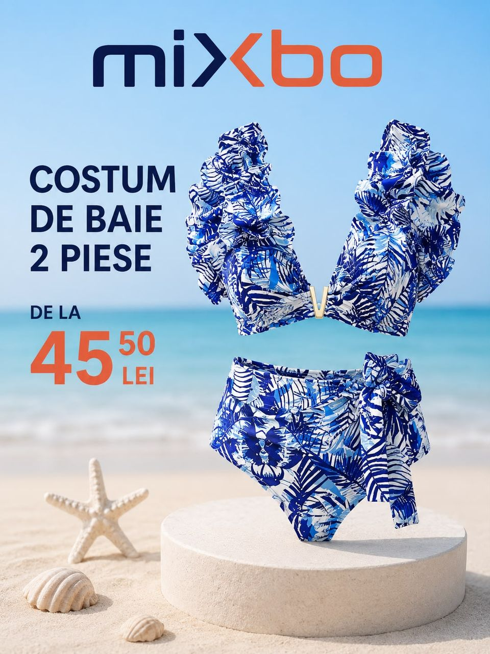 Costum de baie în două piese cu imprimeu albastru