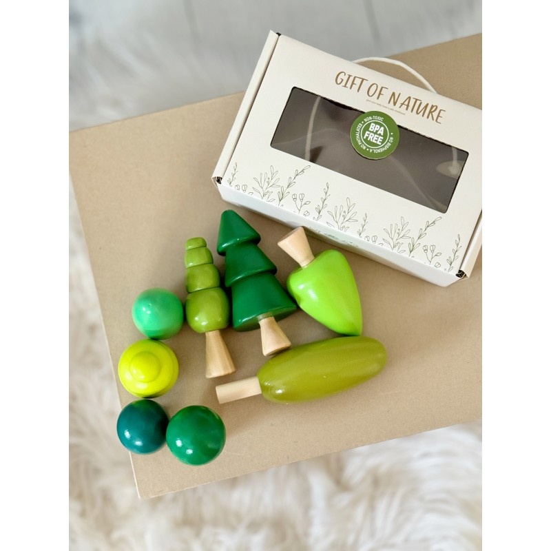 Set piese Montessori pentru stivuit, Dinozauri în pădure, lemn, 16 piese, Mixbo