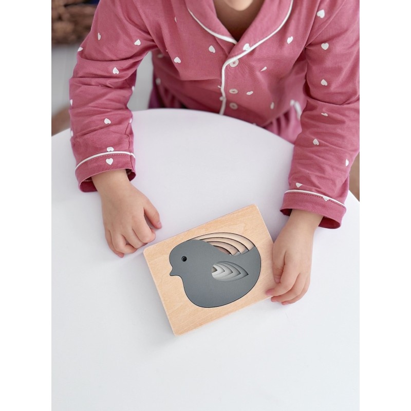 Puzzle Montessori din lemn pentru sortare, Păsări, 6 piese, Mixbo