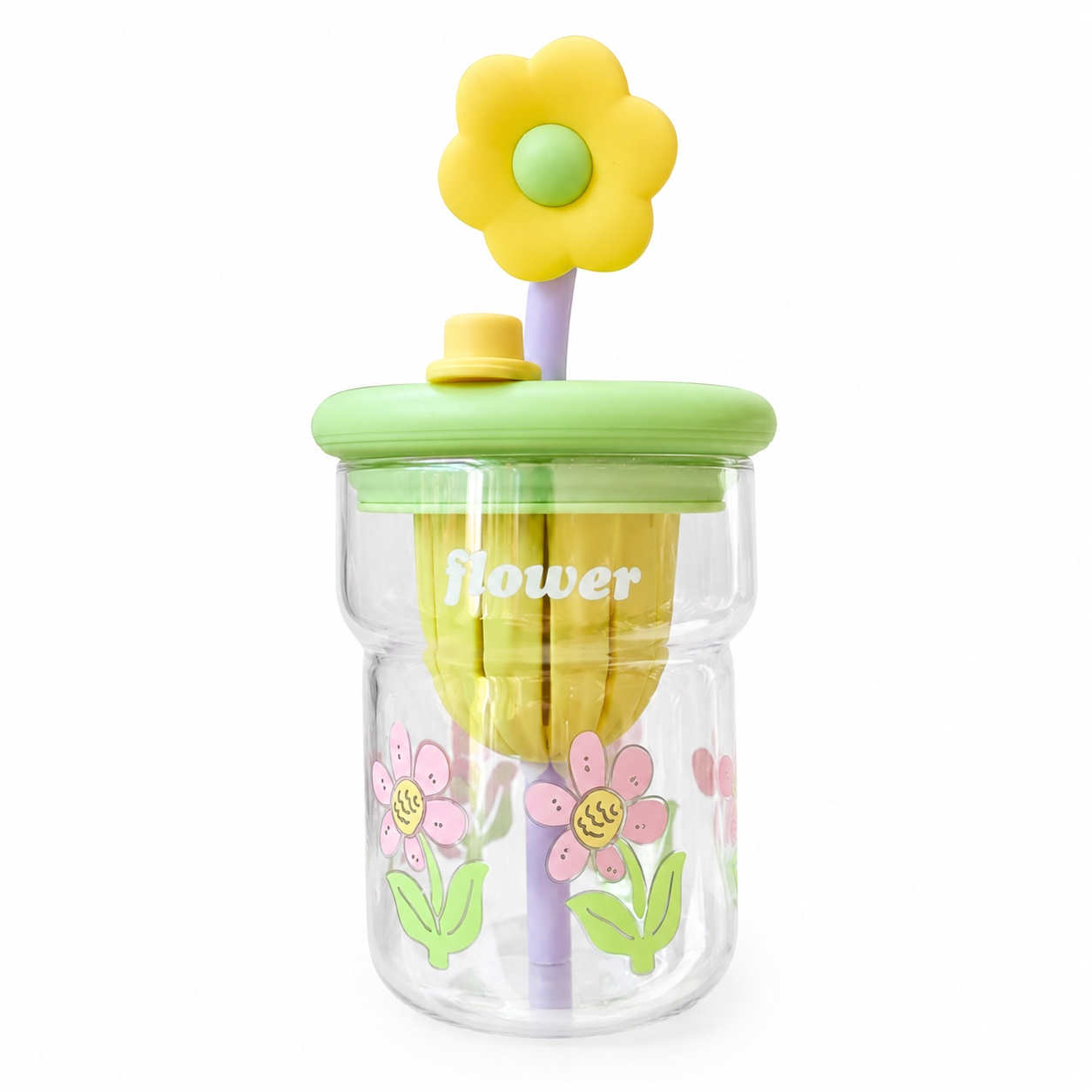 Cană cu pai din sticlă verde model cu flori 500 ml Mixbo