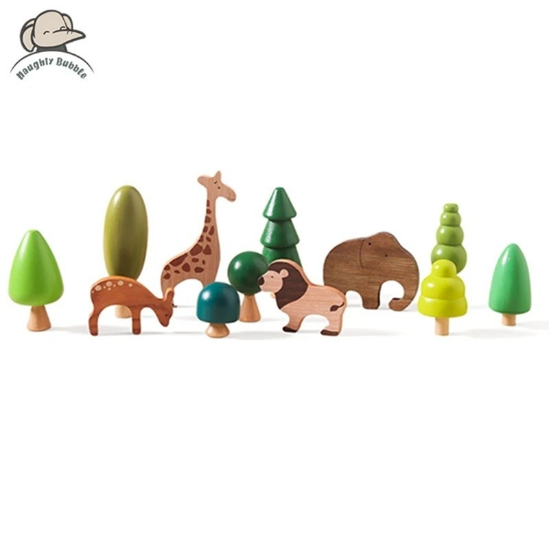 Set piese Montessori pentru stivuit animale sălbatice în pădure, lemn Mixbo
