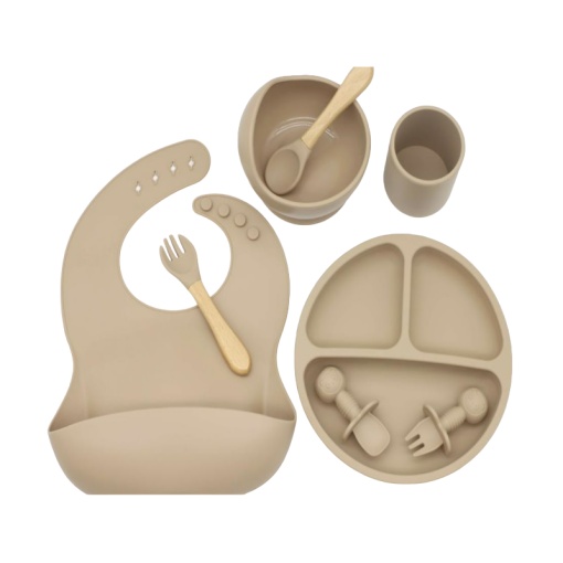 Set diversificare bebeluși, silicon, anti-alunecare, 8 piese, bej, Mixbo