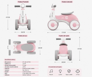 Bicicletă de Echilibru pentru Copii 2-4 Ani cu 4 Roți, Lumini LED și Muzică – Roz - Img 3