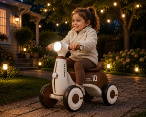 Bicicletă de Echilibru pentru Copii 2-4 Ani cu 4 Roți, Lumini LED și Muzică – Maro - Img 5