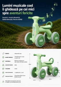 Bicicletă de Echilibru pentru Copii cu Lumini și Muzică, 4 Roți, Verde, 1-4 Ani - Img 5
