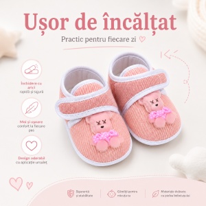 Botoșei Bebeluși cu Scai și Ursuleț 3D, Talpă Antiderapantă, Roz Pal - Img 6