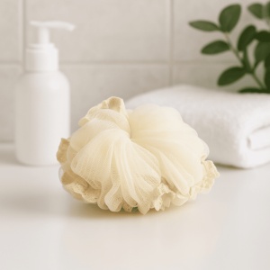 Burete de Baie Exfoliant, din Plasa, Model cu Dantela, cu Sistem de Prindere, Crem