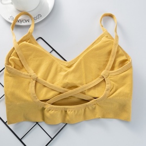 Bustiera Sport pentru Dama, cu Bretele si Spatele Gol, Fara Cusaturi, Model Push Up, Marime S/M, Galben - Img 2