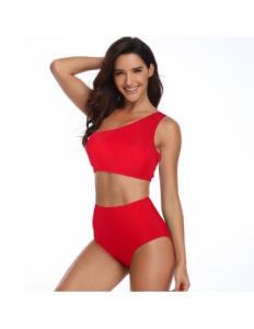 Costum de Baie Dama Doua Piese pe un Umar Chilot Inalt Rosu