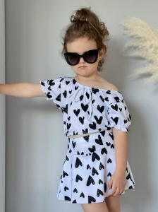 Costum de Baie, Doua Piese, Fusta - Pantalon si Tricou, Black Hearts, 9-10 ani - Img 4
