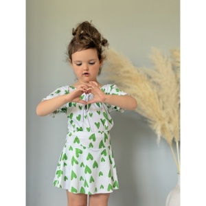 Costum de Baie, Doua Piese, Fusta-Pantalon si Tricou, Green Hearts, 9-10 ani