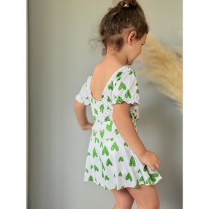 Costum de Baie, Doua Piese, Fusta-Pantalon si Tricou, Green Hearts, 9-10 ani - Img 2