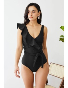 Costum de Baie, Intreg, cu Snur si Volan, Elegant Black
