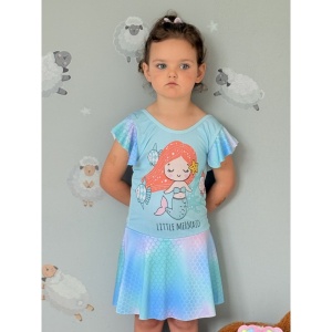 Costum de Baie Intreg pentru Copii, Model Salopeta cu Fustita, Mermaid Blue, 54 cm - Img 2