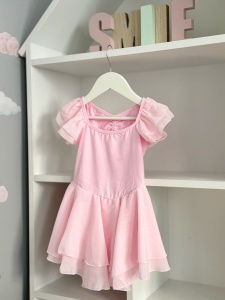 Costum pentru Dans/Gimnastica, Body cu Fustita si Capse, Maneca Scurta Bufanta, Bumbac si Organza, Roz - Img 6