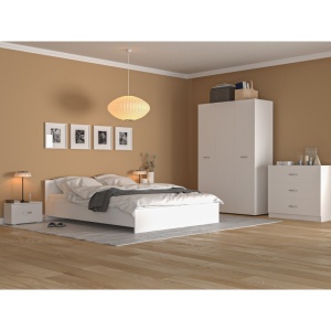 Dormitor Bianco Alb, Sifonier 3 usi, Pat, 2 Noptiere, Comoda 3 Sertare, Pal Melaminat de 18 mm