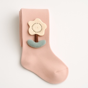 Dres cu Talpa pentru Copii, Roz Pudrat, cu Floare, Bumbac Gros - Img 2