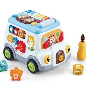 Jucarie Bebelusi Mutifunctionala Autobuz, Educationala, cu Sunete si Lumini, Animale, Multicolora, 19 luni+