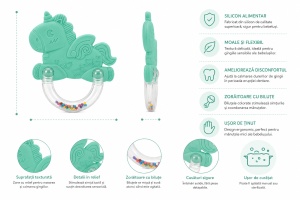Jucarie pentru Dentitie Bebelusi, Unicorn, BPA Free Silicon, Turquiose, 3 luni+ - Img 3