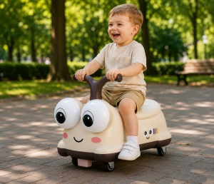 Mașinuță Crem Ride-On pentru Copii, Model Omidă, 2-4 Ani, cu Lumini și Roți Silențioase - Img 4