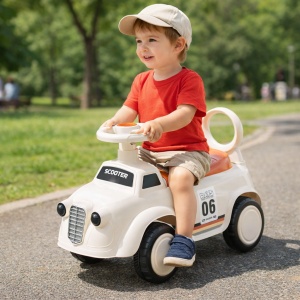 Mașinuță Fără Pedale pentru Copii, Crem, cu Spațiu de Depozitare, Faruri Luminoase și Volan 360° – Ride On Copii 1-3 Ani - Img 4