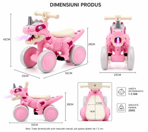 Mașinuță Ride-On Dinozaur pentru Copii, cu Lumini LED, Efect Flacără și Sunete, Fără Pedale, 55 cm, Roz, 1-3 Ani - Img 3