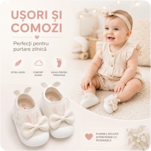 Pantofi Bebeluși pentru Primii Pași, Închidere cu Scai, Branț Moale, Model Fundiță și Urechi de Iepuraș, Roz Pal - Img 8