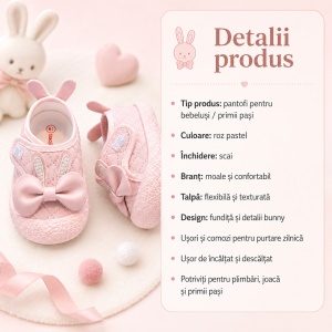 Pantofi Bebeluși pentru Primii Pași, Închidere cu Scai, Branț Moale, Model Fundiță și Urechi de Iepuraș, Roz - Img 2