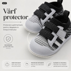 Pantofi Copii pentru Primii Pași, cu Scai, Bandă Elastică, Branț Moale, Talpă Antiderapantă, Negru cu Alb - Img 4