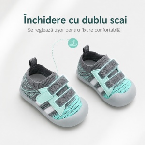 Pantofi Copii pentru Primii Pași, Închidere cu Scai, Bandă Elastică, Branț Moale, Talpă Antiderapantă, Gri cu Verde Mentă - Img 4