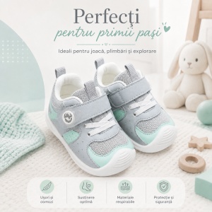 Pantofi Copii Stil Adidași, cu Elastic și Scai, Branț Moale, Talpă din Cauciuc, Gri cu Verde Mentă - Img 6