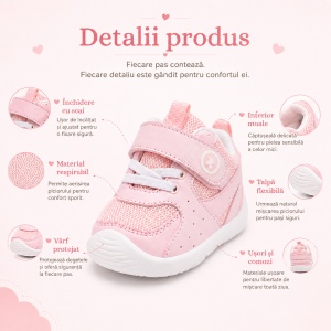Pantofi Copii Stil Adidași, cu Elastic și Scai, Branț Moale, Talpă din Cauciuc, Roz Pal - Img 2