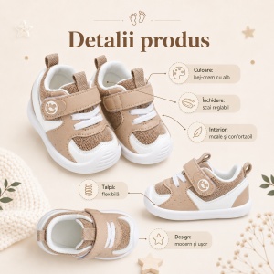 Pantofi Copii Stil Adidași, cu Elastic și Scai, Branț Moale, Talpă din Cauciuc, Alb cu Bej - Img 2
