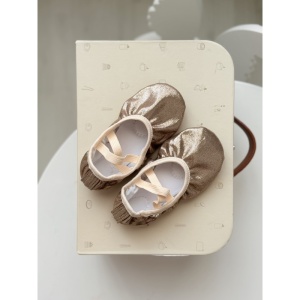Pantofi Pentru Dans/Balet Fetite, cu Elastic, Champagne cu Sclipici,Textil - Img 2