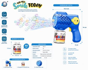 Pistol de Baloane de Săpun Albastru , 10 Găuri, LED, Recipient 90 ml, Jucărie pentru Copii - Img 3