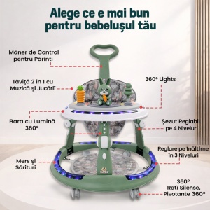 Premergător Verde Multifuncțional,6-24 Luni, cu Mâner Parental, Lumini LED 360°,cu Muzică și Jucării - Img 4