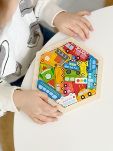 Puzzle din Lemn Montessori, Masini, Stivuire, Lemn, 10 bucati, 20 cm x 20 cm
