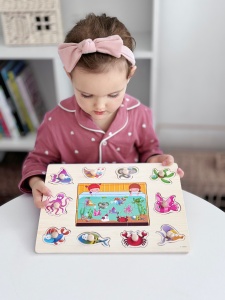 Puzzle Montessori din Lemn, Lumea Subacvatica, 10 Piese +Puzzle 6 Piese , Dimensiune 30x22.5 cm