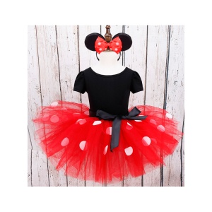 Rochie Fetite Carnaval, Printesa, Tull/Bumbac, Rosu cu Buline Albe, plus Accesoriu Bentita - Img 2