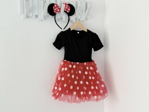 Rochie Fetite Carnaval, Printesa, Tull/Bumbac, Rosu cu Buline Albe, plus Accesoriu Bentita - Img 5