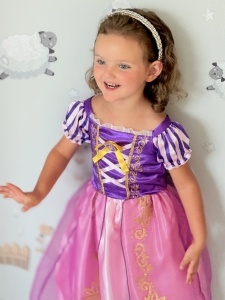 Rochie Fetite Carnaval, Printesa, Tull/Saten, Roz si Mov, Sclipici Auriu, Accesoriu Brosa Printesa - Img 3