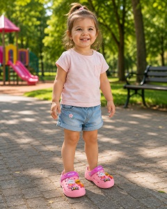 Saboți Copii Roz cu Model Iepuras, Spumă, Antiderapanți, Bareta Reglabilă - Img 2