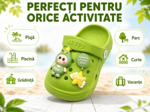 Saboți Copii Tip Crocs cu Personaj 3D, Balon și Stea Decorativa, Baretă Reglabilă, Talpă Antiderapantă, Verde - Img 5