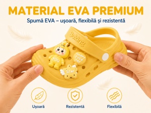 Saboți Copii Tip Crocs cu Personaj 3D, Balon și Stea Decorativa, Baretă Reglabilă, Talpă Antiderapantă, Galben - Img 10