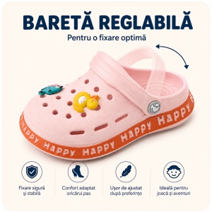 Saboți Copii Tip Crocs din Spumă cu Accesorii 3D Detașabile, Baretă Reglabilă, Talpă Antiderapantă, Roz - Img 3