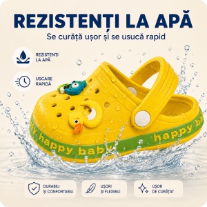 Saboți Copii Tip Crocs din Spumă cu Accesorii 3D Detașabile, Baretă Reglabilă, Talpă Antiderapantă, Galben - Img 6