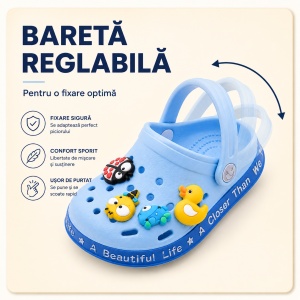 Saboți Copii Tip Crocs din Spumă cu Accesorii 3D Detașabile și Baretă Reglabilă, Albastru Deschis - Img 4